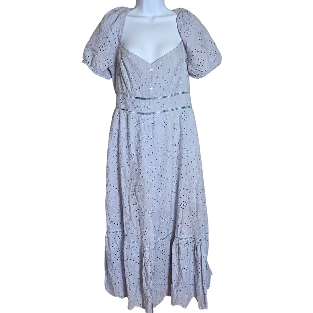Simple Pale Blue Eyelet Lace Milkmaid Midi Dress Cotton Puff Sleeve Coquette